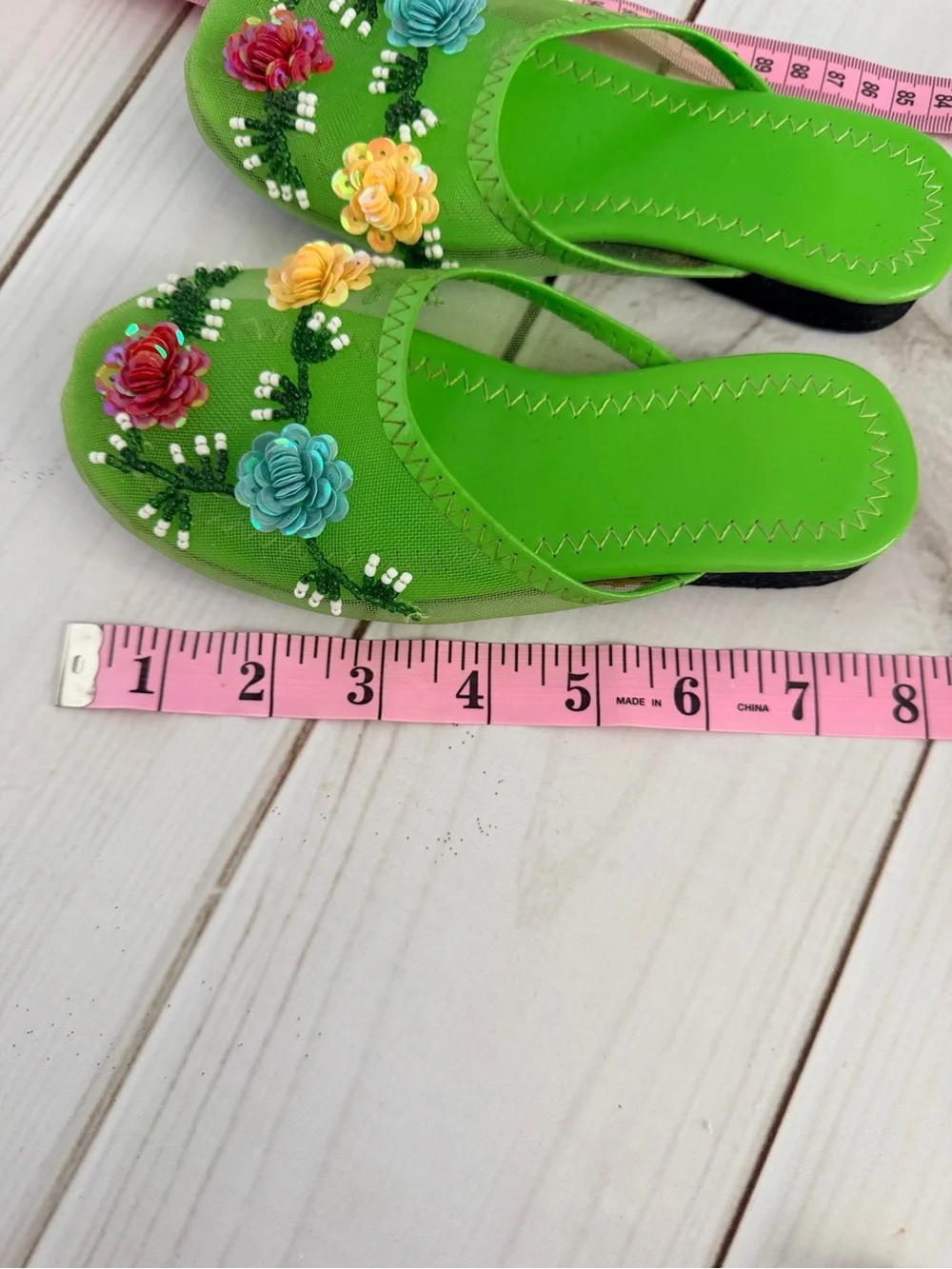 Green Embellished Floral Slide Sandals